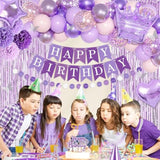 Lavender & Pink Birthday Decor Set Balloons, Banner, Curtain & Cake Topper