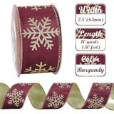 Burgundy And Gold Christmas Velvet Ribbon Wired 2.5 Inch Glitter Snowflake Wired Ribbon For Wreaths, Christmas Tree, Gift Wrapping, Garland, Holiday Crafts, Topper Bows, 10 Yards
