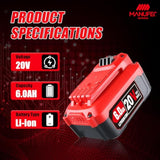 1Pack 6.0Ah 20V Batteries Replacement For Craftsman 20V Battery With Compatible Cmcb202 Cmcb204 Cmcb205 Cmcb206 Cmcb204-2 Cmcb202-2 Cordless Power Tools
