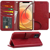 Compatible With Iphone 12 Case And Iphone 12 Pro Case Wallet Flip Cover With Card Holder And Wrist Strap - Wine Red