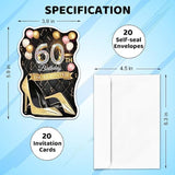 20 Pcs Pink Balloons & Black Golden High Heels Shaped Fill-In Invitations Cards With Envelopes, Funny 60Th Birthday Party Happy 60 Year Old Birthday Invites For Women Lady Wife Mom Adults