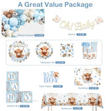 241Pcs Highland Cow Baby Shower Decorations For Boy, One-Stop Package Includes 40 Plates 2 Tablecloths 1 Sash And 1 Pin, Complete Balloon Arch Tableware Set For Baby Shower
