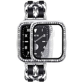 Compatible For Apple Watch Band 40Mm With Screen Protectors Case Women, Jewelry Bracelet Metal Bands With 2-Pack Bling Case Cover For 40Mm Iwatch Series Se 6 5 4(Silver Link With Black Leather)