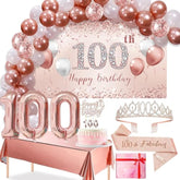 100Th Birthday Decorations Balloon Set Women Arch, Rose Gold 100Th Banner And Party Tablecloth, Belt And Tiara, Pink Gold 100Th Balloon, Pink Birthday Cake Topper, Latex Balloon * 60