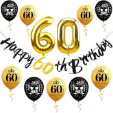 11Pcs 60Th Birthday Decorations Kit For Men Women, Black Gold Happy 60Th Birthday Pre-Strung Banner Number 60 Foil Balloons, Sixty Year Old Birthday Party Supplies Photo Props