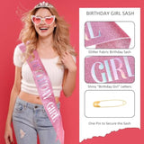Birthday Girl Sash And Crown & Glasses Set For Women Girls, Birthday Tiara Sash For Women Glitter Pink Happy Birth Day Decorations Party Supplies