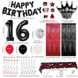 16Th Red And Black Birthday Decorations For Boys Girls Happy 16Th Birthday Party Decorations Red Black Balloons Fringe Curtain Table Cloth With Happy Birthday Banner Number 16 Balloon Hanging Swirls