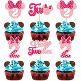 24Pcs Mouse 2Nd Birthday Cupcake Toppers, Pink Bow Mini Second Birthday Party Decorations Mouse Two Oldes Cupcake Picks For Baby Shower Birthday Party Decorations Pink Rose Red