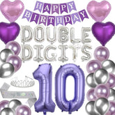 42 Pieces 10Th Birthday Decorations Double Digits Party Balloons Purple Happy Birthday Banner Silver Sash 10Th Tiara Number 10 Foil Balloons Latex Balloons For 10 Year Old Girls Party (Purple)
