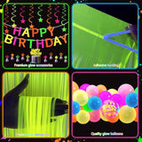 Glow In The Dark Party Supplies Kit - Neon Birthday Decorations With Balloon Garland Arch, Fluorescent Tinsel Curtains, Star Swirls, Cake Toppers & Table Skirt (100+ Pieces)