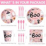 Halloween Theme A Little Boo Is Almost Due Baby Shower Decorations Party Tableware Girl, Pink Ghost Halloween Baby Shower Decorations, Disposable Paper Plate, Cup, Napkin, Cutlery, Serves 24