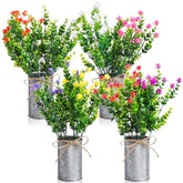 4 Sets Artificial Potted Flowers Fake Potted Plants Plastic Colorful Faux Flowers With Metal Pots Spring Table Centerpiece Eucalyptus For Summer Desk Decor Wedding Indoor Home Office