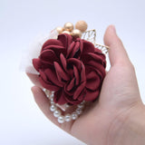 Snadulor 1Pcs Artificial Flower Bride And Bridesmaid Wrist Corsage Bracelet,Used For Wedding,Bridal Shower,Party,Wedding Anniversary(Wine Red)