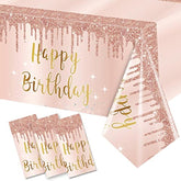 3 Pcs Pink Rose Gold Happy Birthday Tablecloth Decorations For Women, Happy Birthday Table Cover Party Supplies, 16Th 21St 30Th 40Th 50Th Birthday Plastic Disposable Rectangular Table Cloth Decor