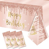 3 Pcs Pink Rose Gold Happy Birthday Tablecloth Decorations For Women, Happy Birthday Table Cover Party Supplies, 16Th 21St 30Th 40Th 50Th Birthday Plastic Disposable Rectangular Table Cloth Decor