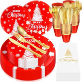 175 Pcs Christmas Plastic Dinnerware Merry Christmas Plate Set 25 Dinner Plate 25 Dessert Plate 25 Napkin 25 Fork 25 Knives 25 Spoon 25 Cup For Xmas Holiday Party Supplies Serve For 25