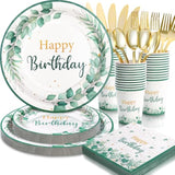 Sage Green Birthday Decorations For Women, Happy Birthday Plates And Napkins Set 168Pcs, For Boho Neutral Sage Green Decorations, Serve 24