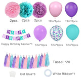 38pcs Teal Purple Pink Birthday Decor with Banner, PomPoms, Tassels & Balloons