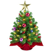 Small Tabletop Christmas Tree, 22 Inch Mini Artificial Prelit Christmas Tree Decorated With Warm Lights, Colorful Ornaments, Star Treetop, Red Berries And Cloth Bag Base For Holiday Decoration