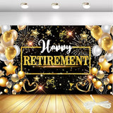 Retirement Party Decorations – 71x44 Inch Happy Retirement Banner Backdrop with Black & Gold Design, Includes 19.69ft Ribbon for Photo Booth, Studio Props & Party Decor