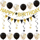 20pcs Gold Happy Birthday Banner Set with Garland, Balloons & Hanging Swirls Decor