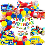 Transportation Birthday Decorations for Boys – Vehicle Banner, Foil Balloons & Cake Topper Set