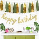 Gold Happy Birthday Banner & Tassel Garland for Sage Green Birthday Party Decorations