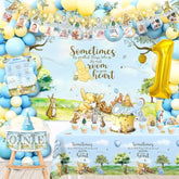 107Pcs Classic Winnie Birthday Decorations Complete Party Set, For Classic Winnie Boy 1St Birthday Party, Includes Photo Frame Banner, Balloon Chain Kit, Cake Toppers Kit, Table Cloth, Etc