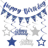 Blue Silver Birthday Décor Banner & Hanging Swirls for Parties