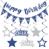 Blue Silver Birthday Décor Banner & Hanging Swirls for Parties