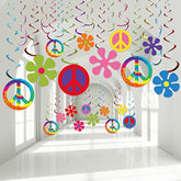 30pcs 60s Hippie Theme Party Foil Swirl Decorations with Retro Flower Peace Sign Cutouts