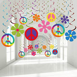 30pcs 60s Hippie Theme Party Foil Swirl Decorations with Retro Flower Peace Sign Cutouts