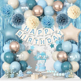 Blue Birthday Decorations, Retro Dusty Blue Sand White Gold Party Balloon Kit With Happy Birthday Banner Fringe Curtain Background Pom Poms Cake Topper For Baby Boys Girl Women Men Bday Decor Supplies
