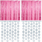 4 Pcs Disco Party Decorations - 2 X Disco Ball Silver Metallic Tinsel Fringe Curtains & 2 X Candy Pink Backdrops For Birthday Supplies Last Rodeo Bachelorette Wedding Disco Decor
