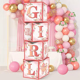 4Pcs Pink Rose Gold Baby Shower Decorations Balloon Boxes For Girls, Floral It'S A Girl Gender Reveal Baby Blocks Boxes Party Supplies, Baby Girl Pregnancy Announcement Cardboard Box Decor