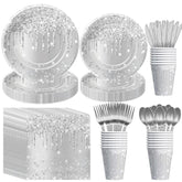 Silver Plates And Napkins Party Supplies - Decorations Tableware For Birthday Bridal Shower, Paper Plate, Napkin, Cup, Cutlery, Diamonds Glitter Table Decorations | Serve 24