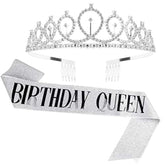 "Birthday Queen" Sash & Rhinestone Tiara Set Silver Birthday Party Favors for Women