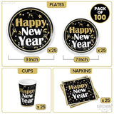 New Year 2026 Tableware Set Black Gold Plates Cups Napkins Serves 25 Guests