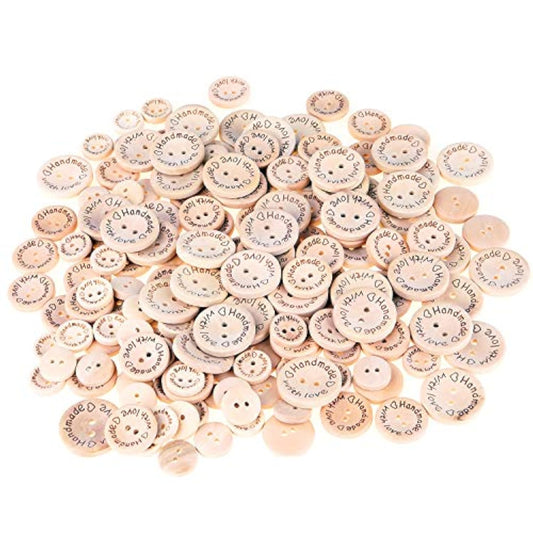 150Pcs Wooden Buttons (15-20-25Mm) Handmade With Love Round Craft Déco