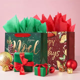 12Pcs Red Green Metallic Gold Christmas Gift Bags Bulk, Medium 9X7 In, Gilded Xmas Tree Noel Gift Wrap Bags, Mistletoe Foiled Paper Favor Bag Gift Packaging For Thanksgiving Holiday New