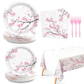 98Pcs Cherry Blossom Party Supplies Watercolor Pink Floral Plates And Napkins Tablecloth Tableware Set Cherry Blossom Birthday Decorations For Wedding Bridal Shower Retirement Party Decor Serve 24