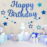 Pre-Strung Happy Birthday Banner, No Diy Birthday Decorations With Circle Dot Garland And Stars, Happy Birthday Party Decorations For Boys Men Girls Women (Blue)