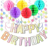 Birthday Banner Decorations With Honeycomb Balls, Stars, Circle Dots Garland Swirl Streamer Happy Birthday Party Decorations Supplies For Party(Macaron)