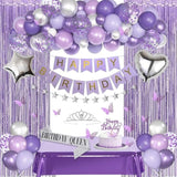Purple Birthday Decorations For Women Girls, Lavender Purple Silver Foil Balloons Table Cloth Sash Crown Fringe Curtains Happy Birthday Banner Glitter Star Garland Butterfly Cake Topper Party Supplies
