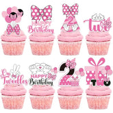 Oh Twodles Cupcake Toppers - 24 Pcs Pink And White Cartoon Mouse Bow Dots Cake Cupcakes Dessert Topper Decor Set 2Nd Birthday Party Decorations Supplies Favors For Two Years Old Kids Girls