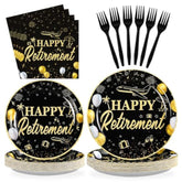 96Pc Black Gold Retirement Party Supplies Plates Napkins Tableware Set