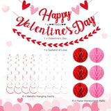 17 Pcs Happy Valentine'S Day Decorations Red Pink Glitter Heart Valentine Banner Sign Valentine Hanging Swirls Honeycomb Balls For Galentines Party Wedding Anniversary Hanging Decoration