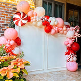 130pcs Merry Christmas Balloon Arch Kit, Red White Xmas Balloon Garland with Red & Pink Bow Balloons and Candy Cane Foil Balloon for Christmas Holiday Birthday New Year Candy Themed Party Decorations