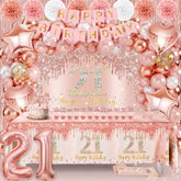 21St Birthday Decorations For Her, Rose Gold Happy 21St Birthday Decor With Balloon Arch Backdrop Banner Fringe Curtains Tablecloth Cake Topper Sash Crown For Women Party Supplies