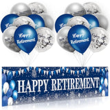 Retirement Party Decorations Blue Silver Happy Retirement Banner With 18Pcs Balloons For Men Women Large Yard Sign Decor Supplies Outdoor Indoor